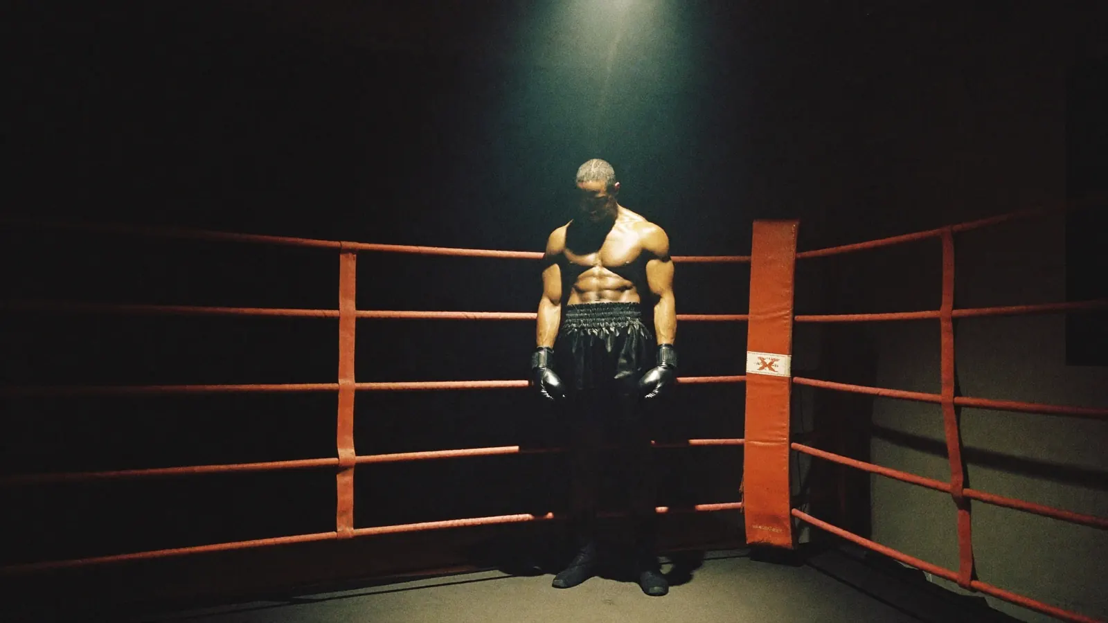 Boxeador solo en la esquina de un ring bajo un reflector, con las cuerdas rojas iluminadas