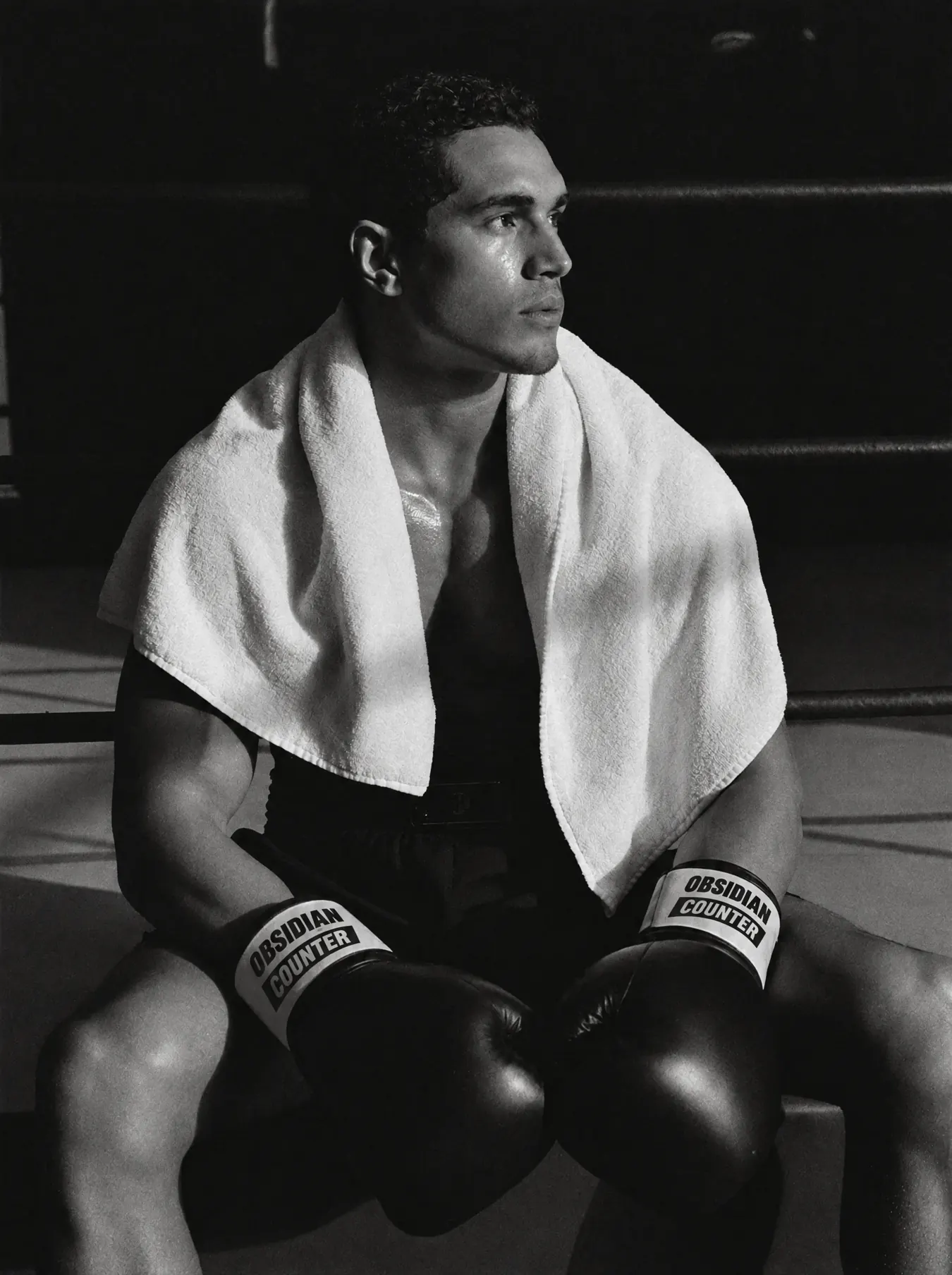 Boxeador descansando en el borde del ring después de entrenar, en blanco y negro